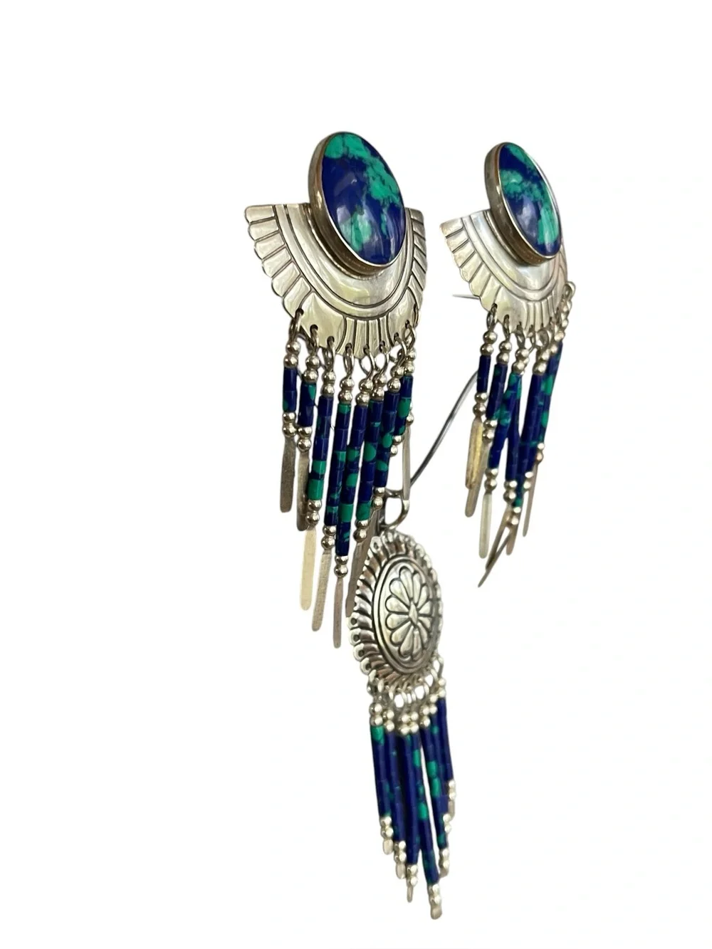 Azurmalachite Sterling Silver Earrings & Concho Pendant Set